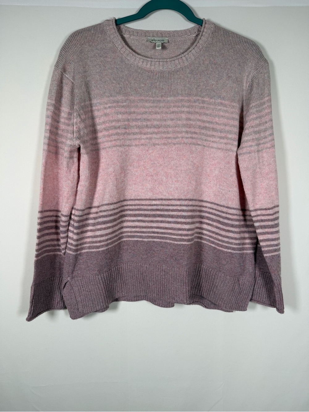 Ella Moss Roll Neck Pink and Mauve Striped Crewneck Sweater Coastal, Preppy